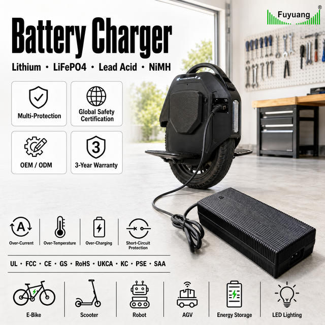 Fuyuang 42V 2A Lithium Battery Charger for E-scooter, E-bike and Electric Skateboard