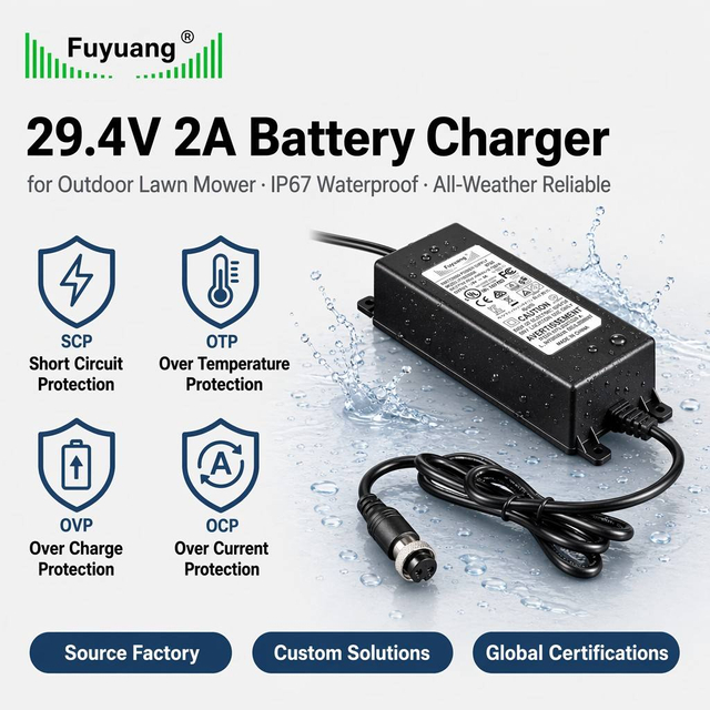 Fuyuang IP67 29.4V 2A Waterproof Battery Charger 58.8W for E-Bike, Scooter, Lawn Mower and Marine