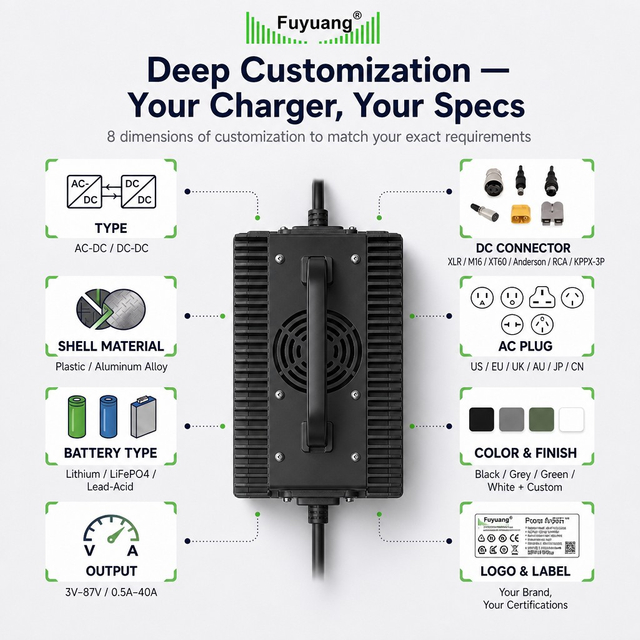 Fuyuang IP67 Battery Charger 29.2V-84V 5A-20A for Marine, AGV, AMR and Robotics Battery Packs