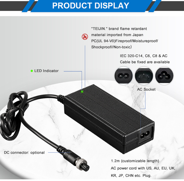 Fuyuang 42V 2A 84W Li-ion E-bike Battery Charger with Retractable Cable for Electric Scooter