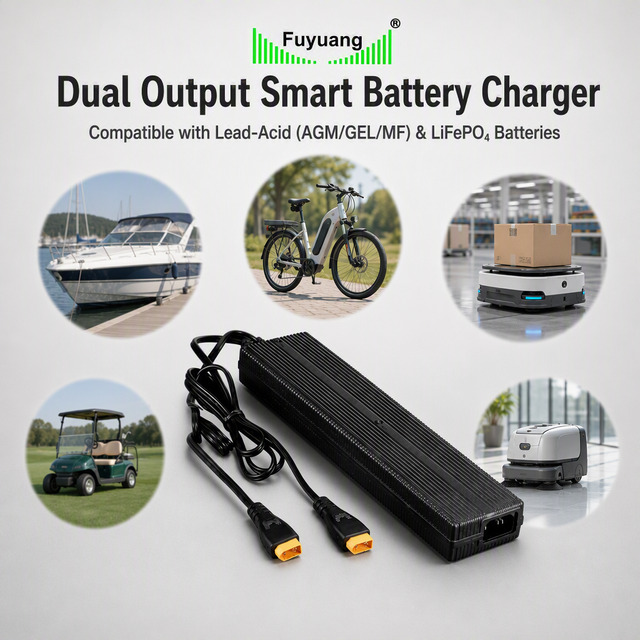 Fuyuang FY2400000 Dual Output 24V 5A 12V 5A Smart Battery Charger for Lead-Acid AGM GEL MF and LiFePO4 Lithium Packs, Marine RV Industrial
