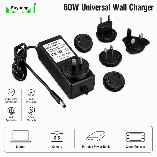 Fuyuang 60W Universal Wall Charger 4.2V 12.6V 16.8V with EU UK US AU Interchangeable Plugs for CCTV and Drone