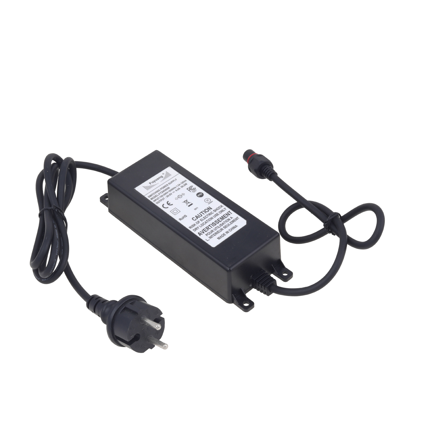 Compact plug-in charger with adjustable 8V to 24V output