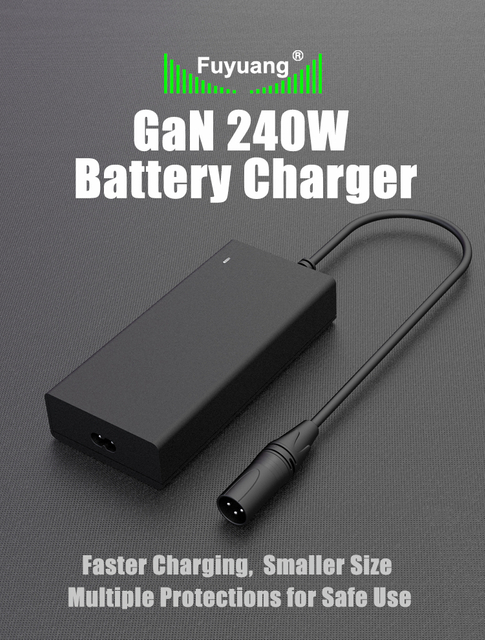 Fuyuang GaN 240W Battery Charger 12.6V-58.8V for Ebike Scooter Forklift Motorcycle, LiFePO4 Lithium AGM GEL Fast Charger