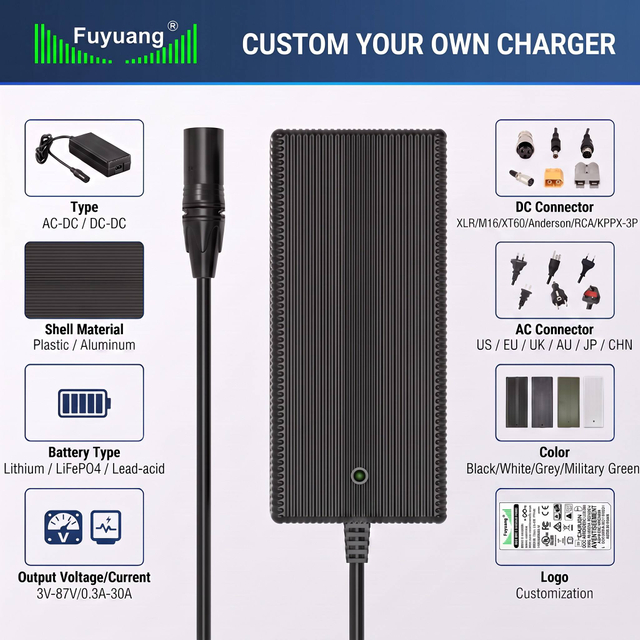 Fuyuang FY546YYYY 54.6V 2A / 3A XLR Lithium Battery Charger for 48V E-bike, Scooter and Mobility Batteries, OEM Custom